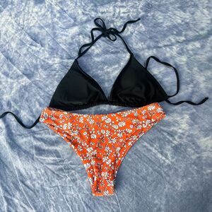 ROMWE ZAFUL  Bikini Women's size M Black Top Orange Floral Print